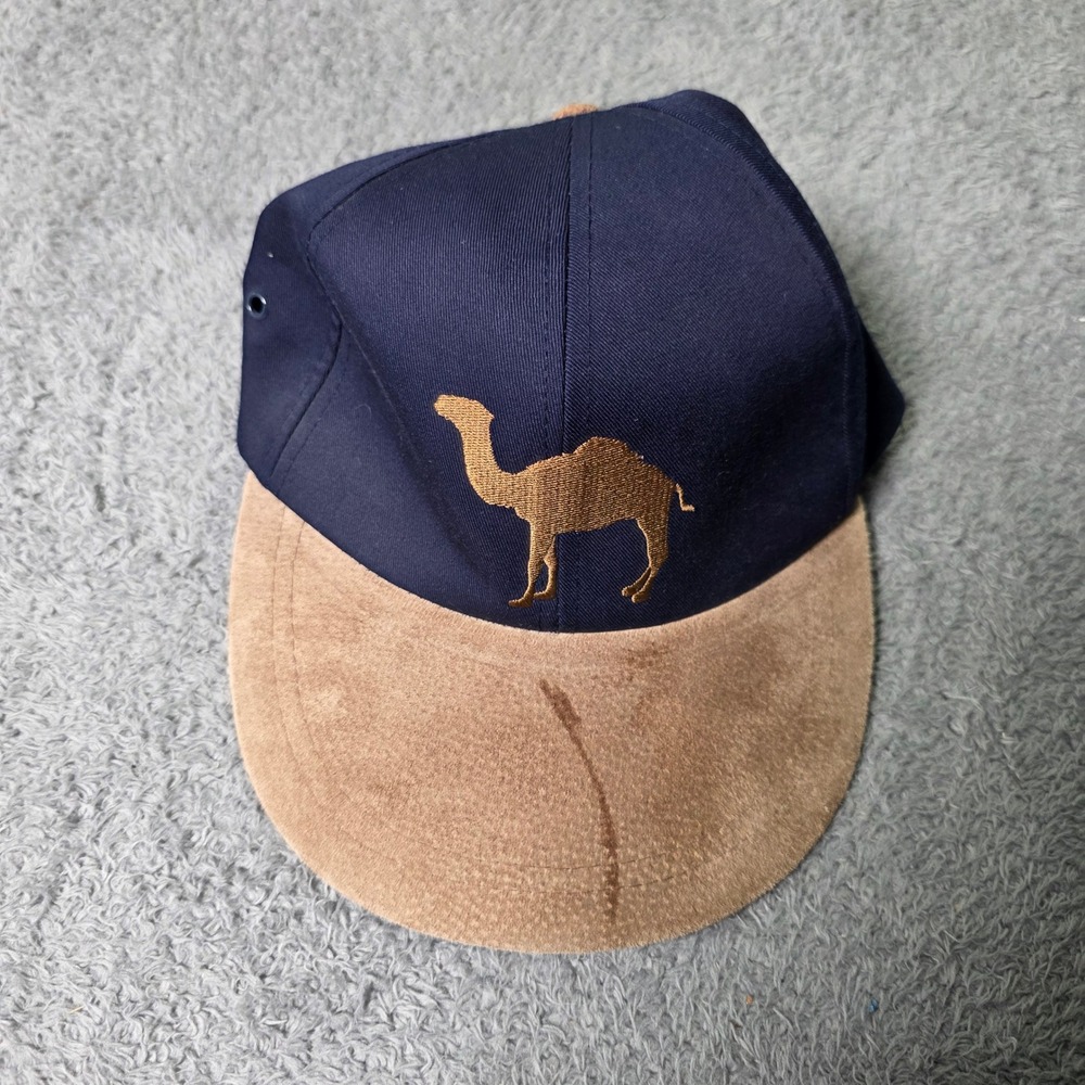 Camel Unisex OSFA Baseball Cap Navy Blue Faux Suede Brim Embroidered Logo 90s